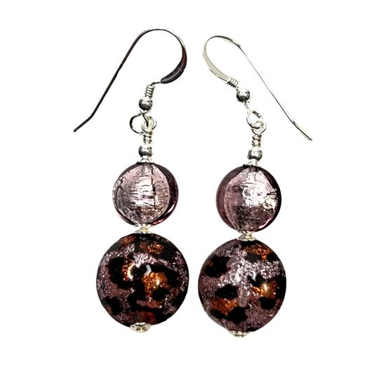 Murano glass purple leopard long dangle silver earrings