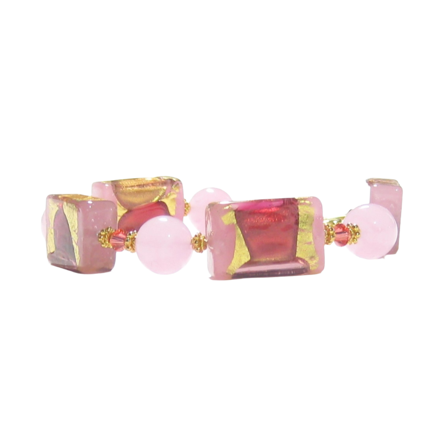 Murano Glass Pink Chunky Rectangle Gold Bracelet by JKC Murano