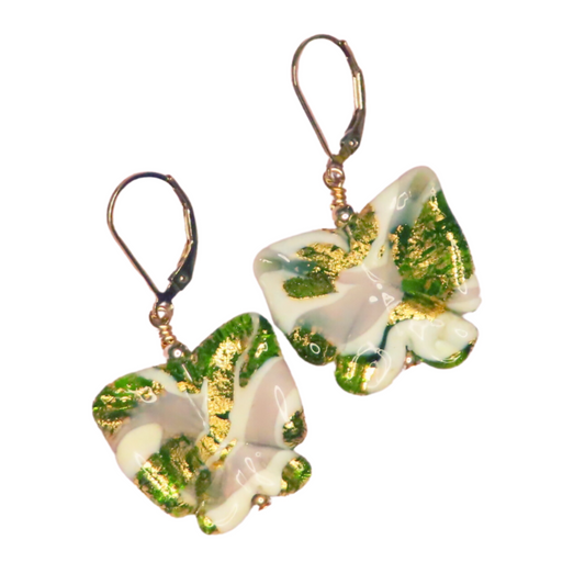 Murano Glass Green Purple Butterfly Gold Earrings