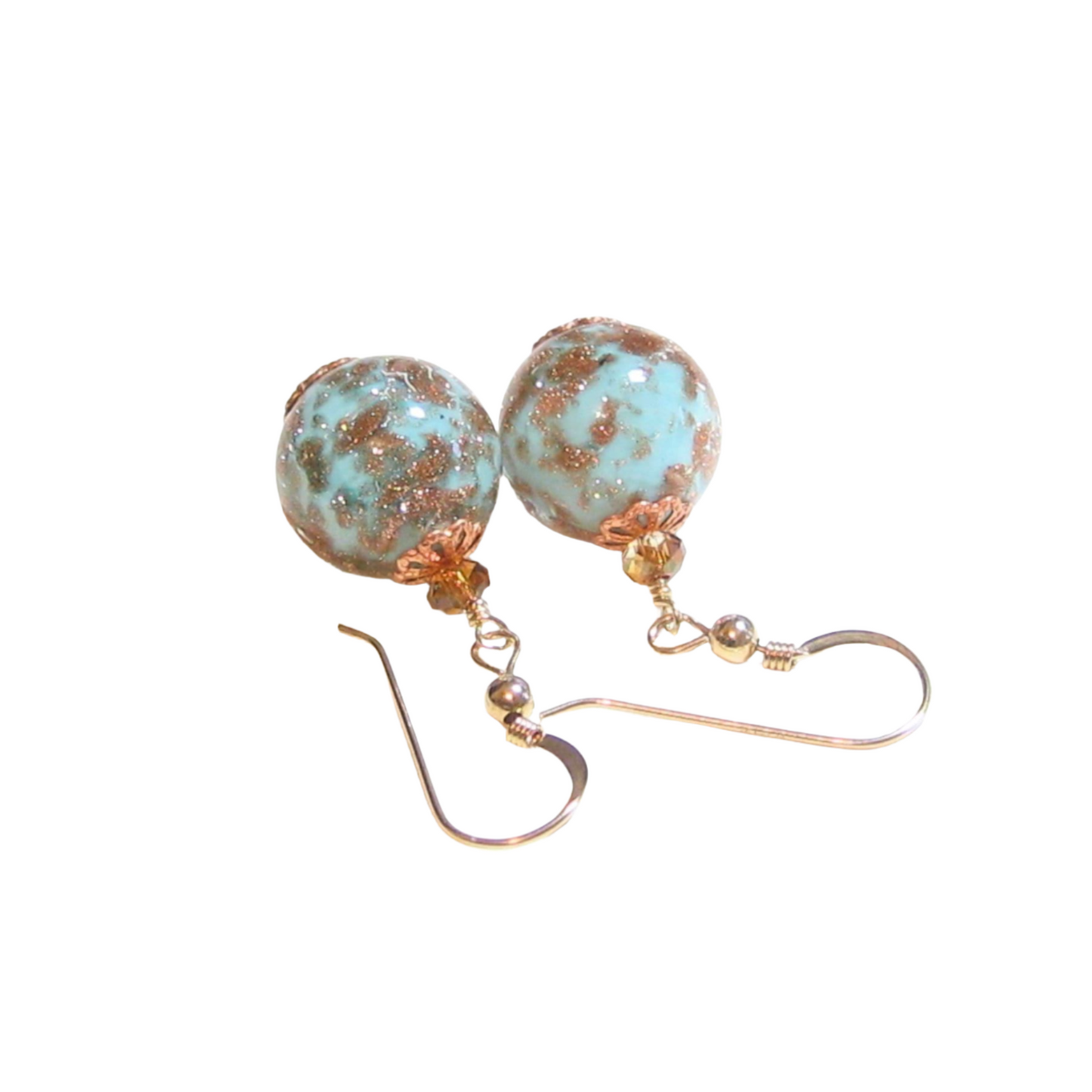Italian Venetian Glass Turquoise Copper Gold Earrings by JKC Murano