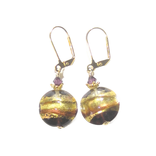 Murano Glass Amethyst Disc Gold Earrings by JKC Murano - JKC Murano