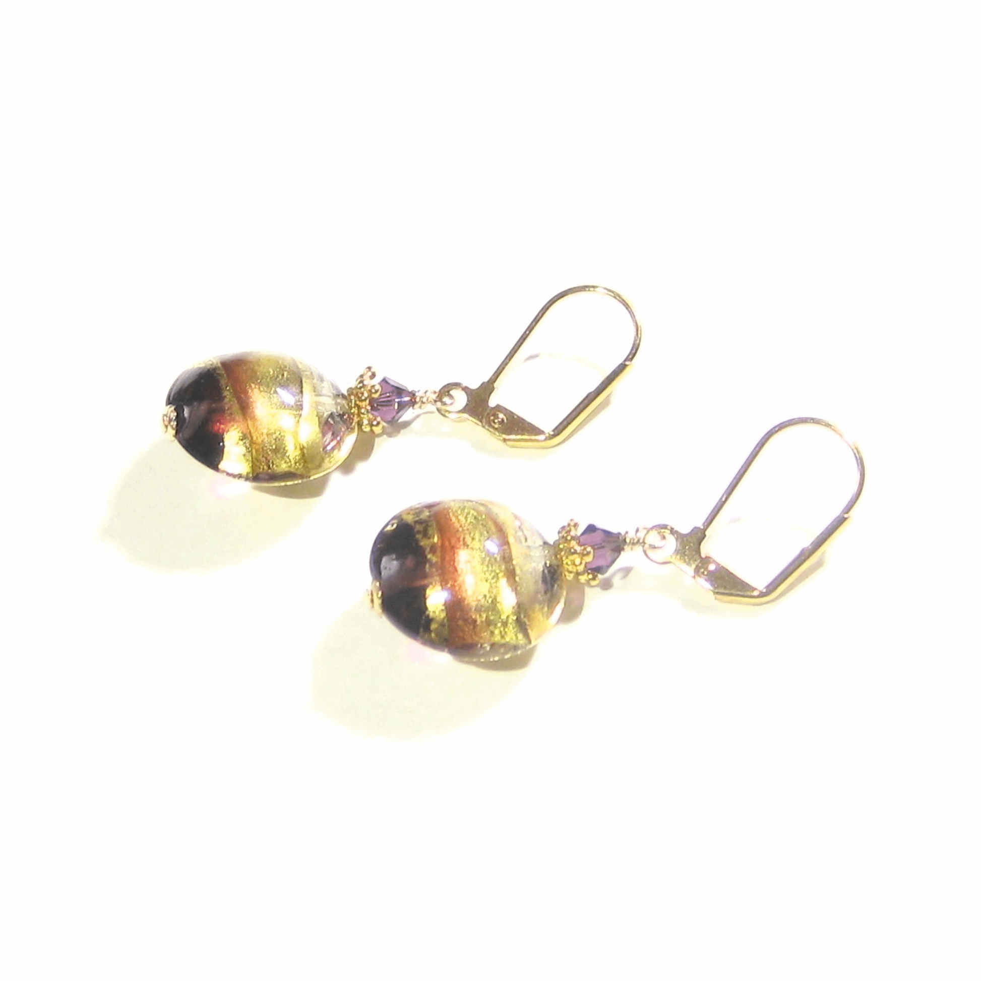 Murano Glass Amethyst Disc Gold Earrings by JKC Murano - JKC Murano