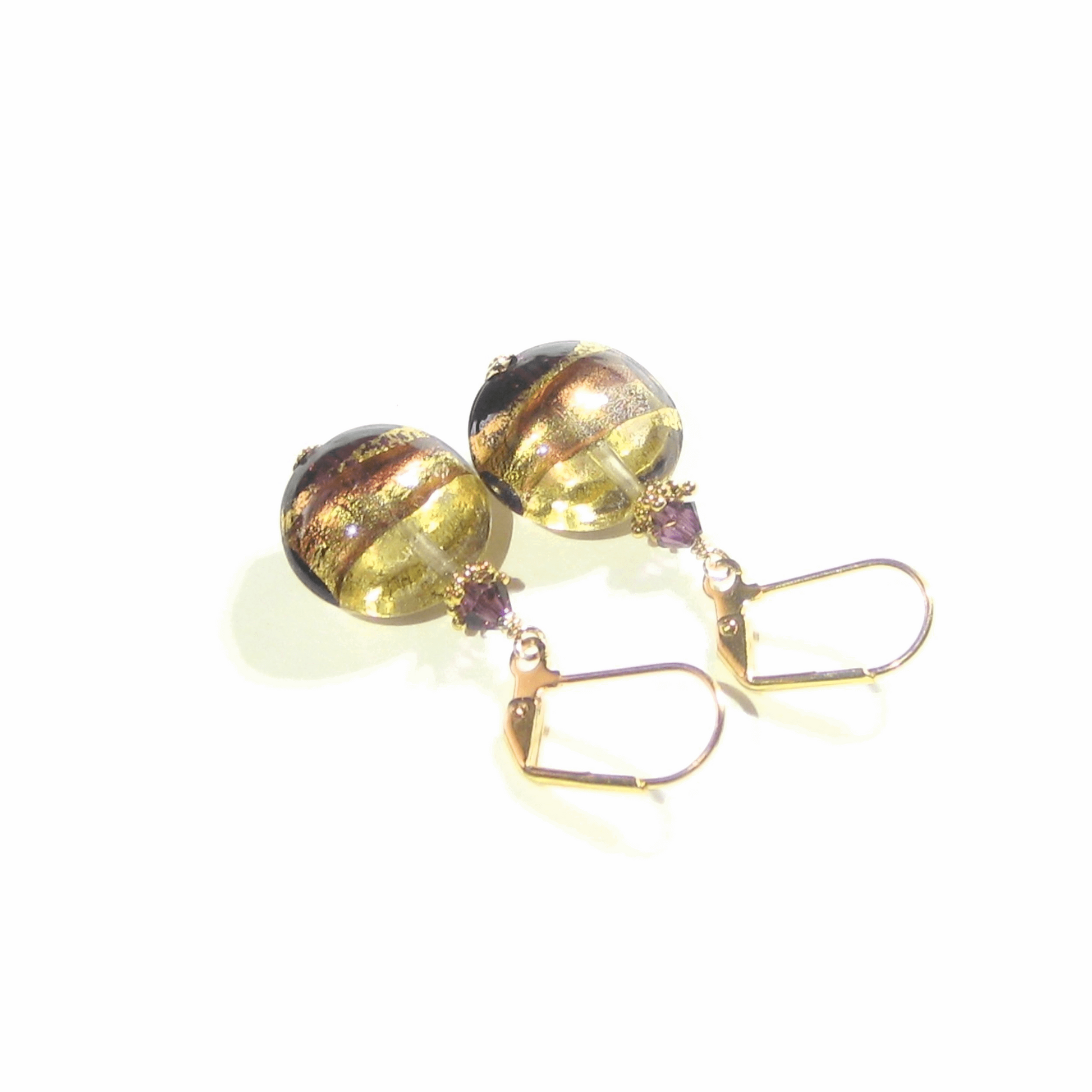 Murano Glass Amethyst Disc Gold Earrings by JKC Murano - JKC Murano