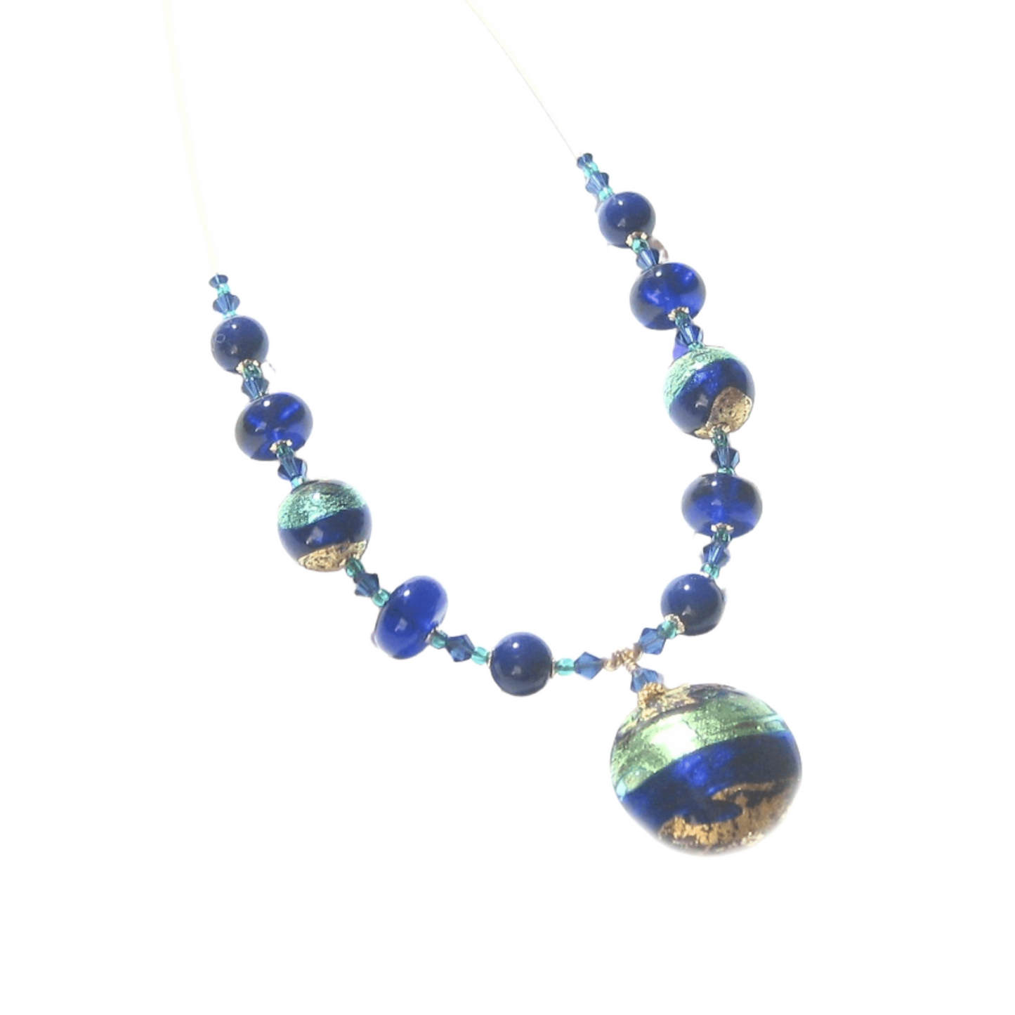 Murano Glass Aqua Cobalt Blue Disc Pendant Gold Necklace - JKC Murano