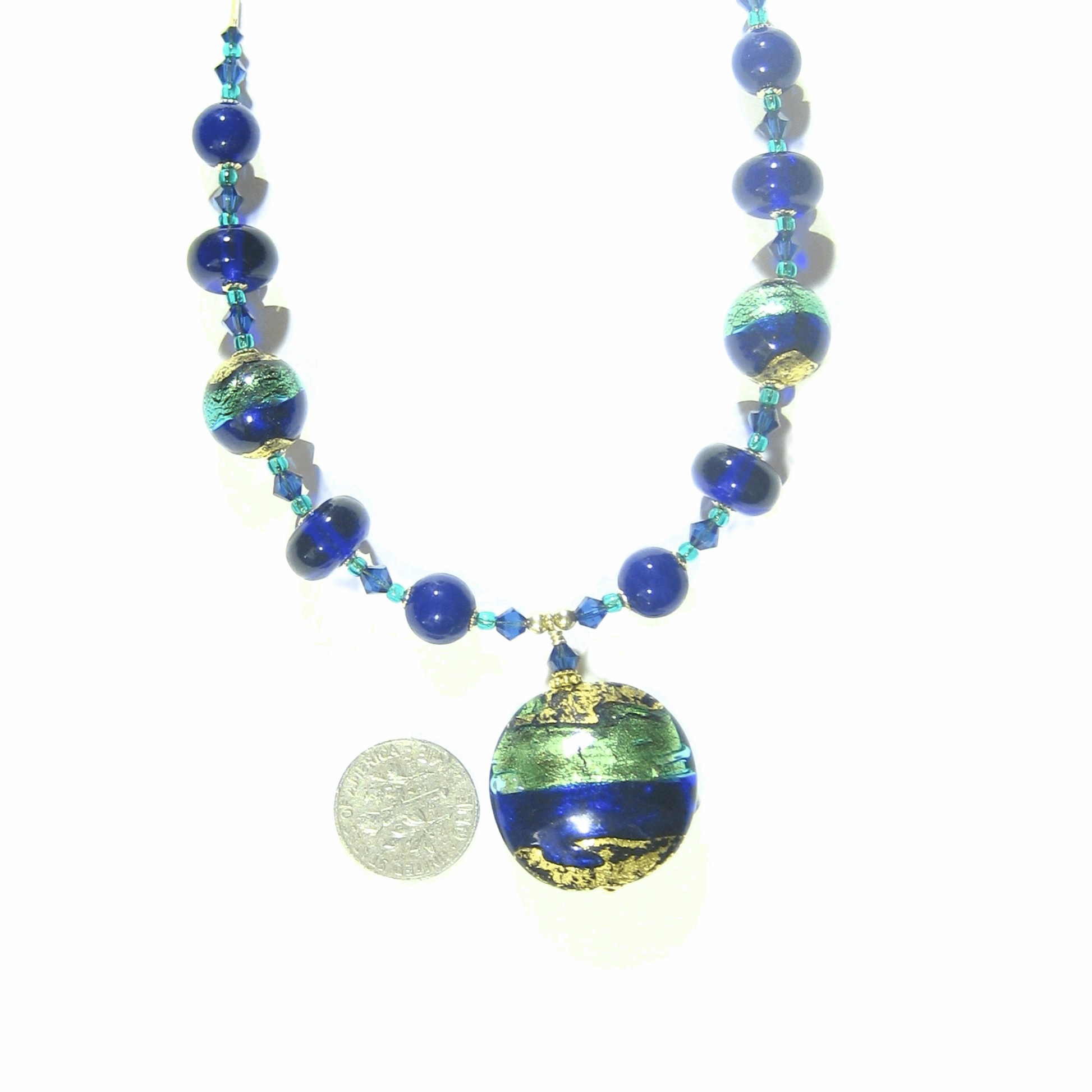 Murano Glass Aqua Cobalt Blue Disc Pendant Gold Necklace - JKC Murano