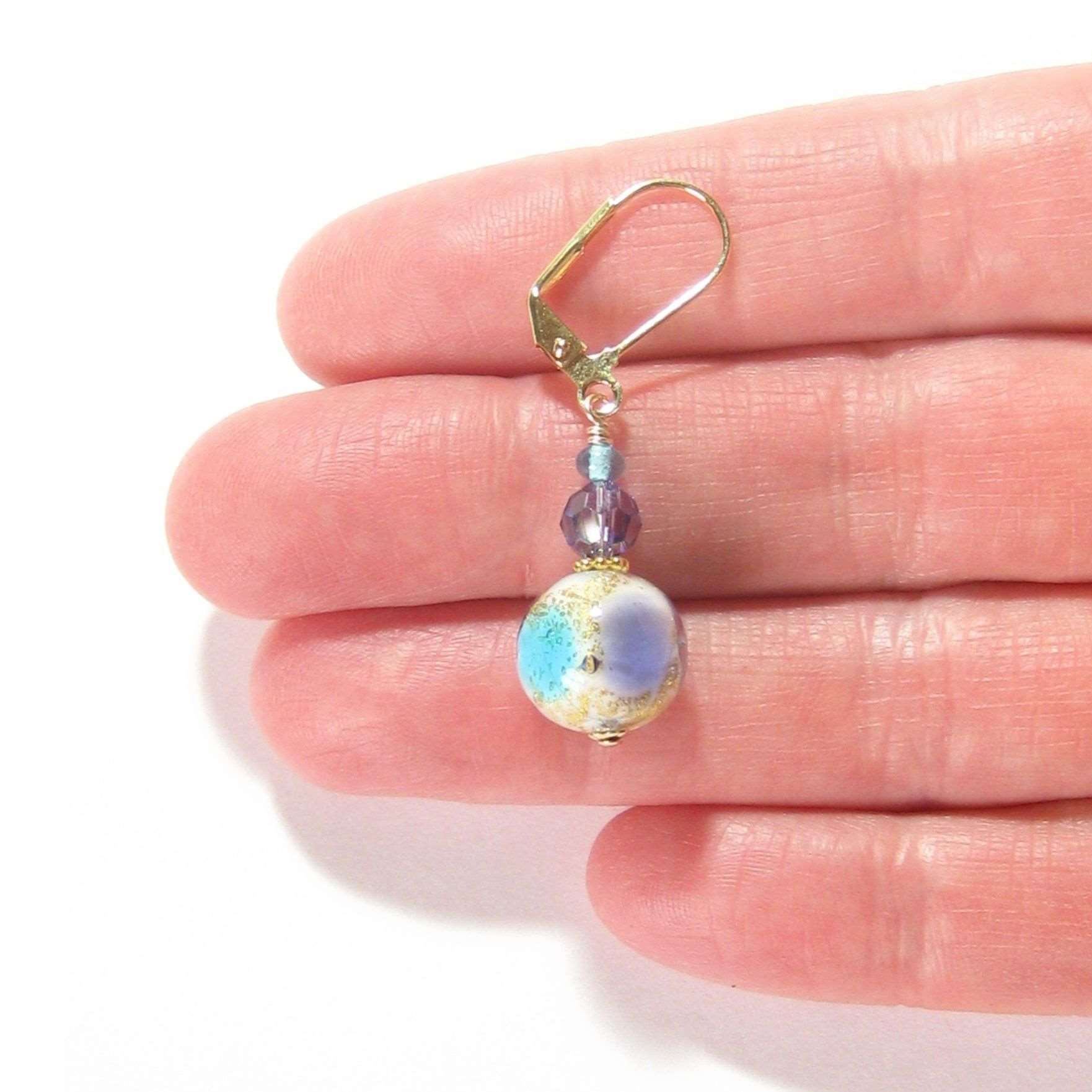 Murano Glass Aqua Plum Ball Gold Earrings - JKC Murano