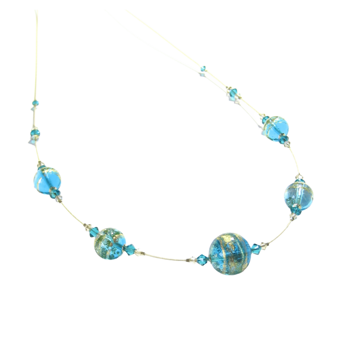 Murano Glass Aqua Ball Illusion Gold Necklace - JKC Murano