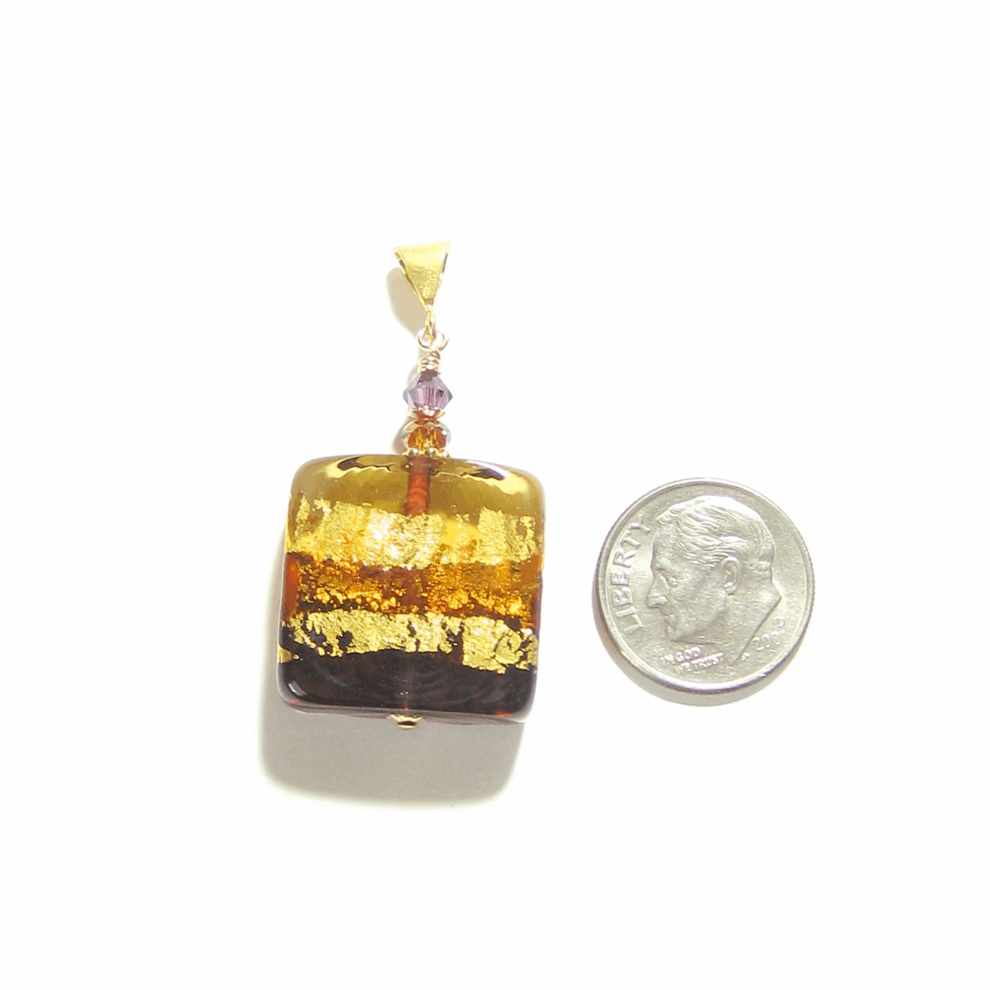 Murano Glass Amber Amethyst Square Pendant Necklace, Venetian Glass Jewelry - JKC Murano