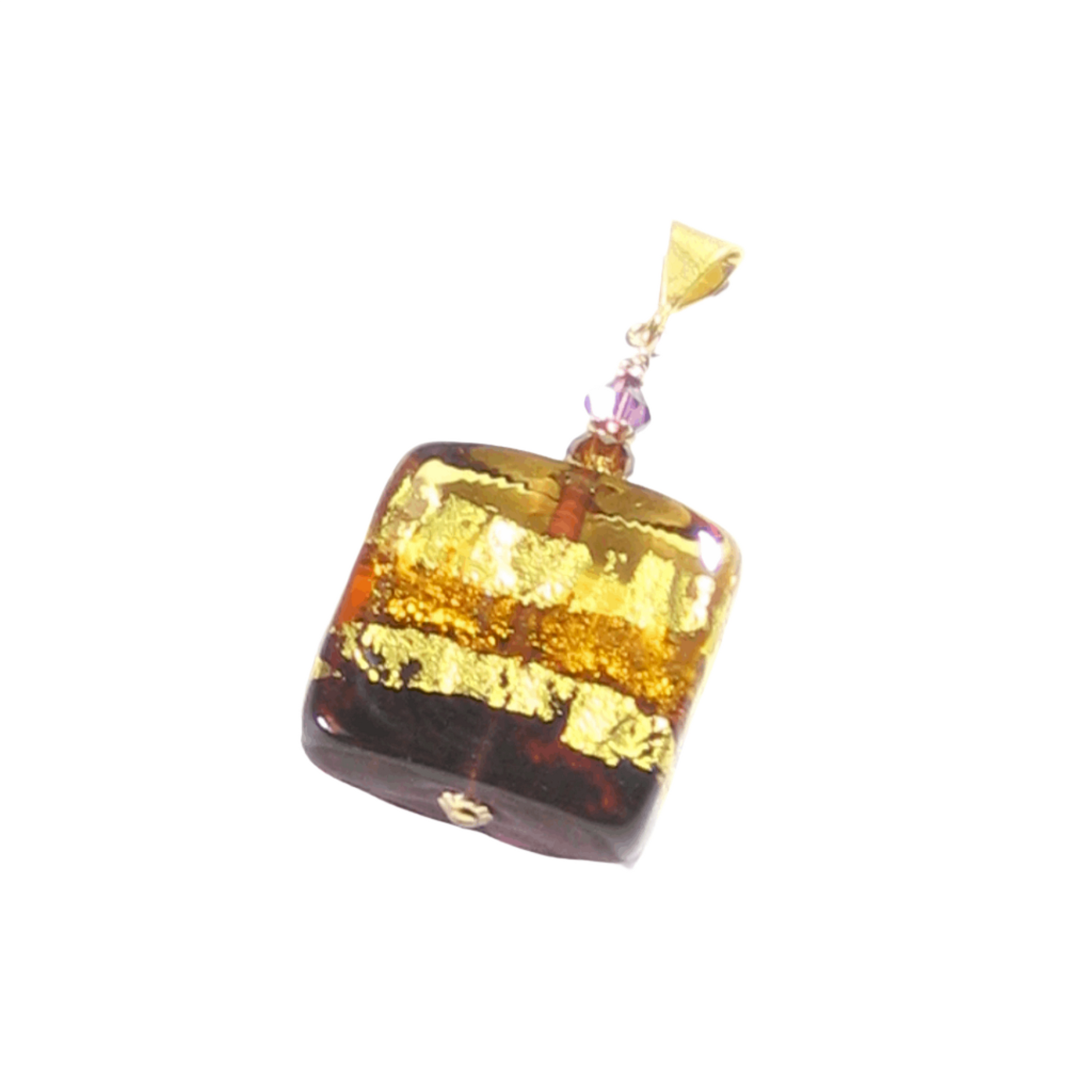 Murano Glass Amber Amethyst Square Pendant Necklace, Venetian Glass Jewelry - JKC Murano