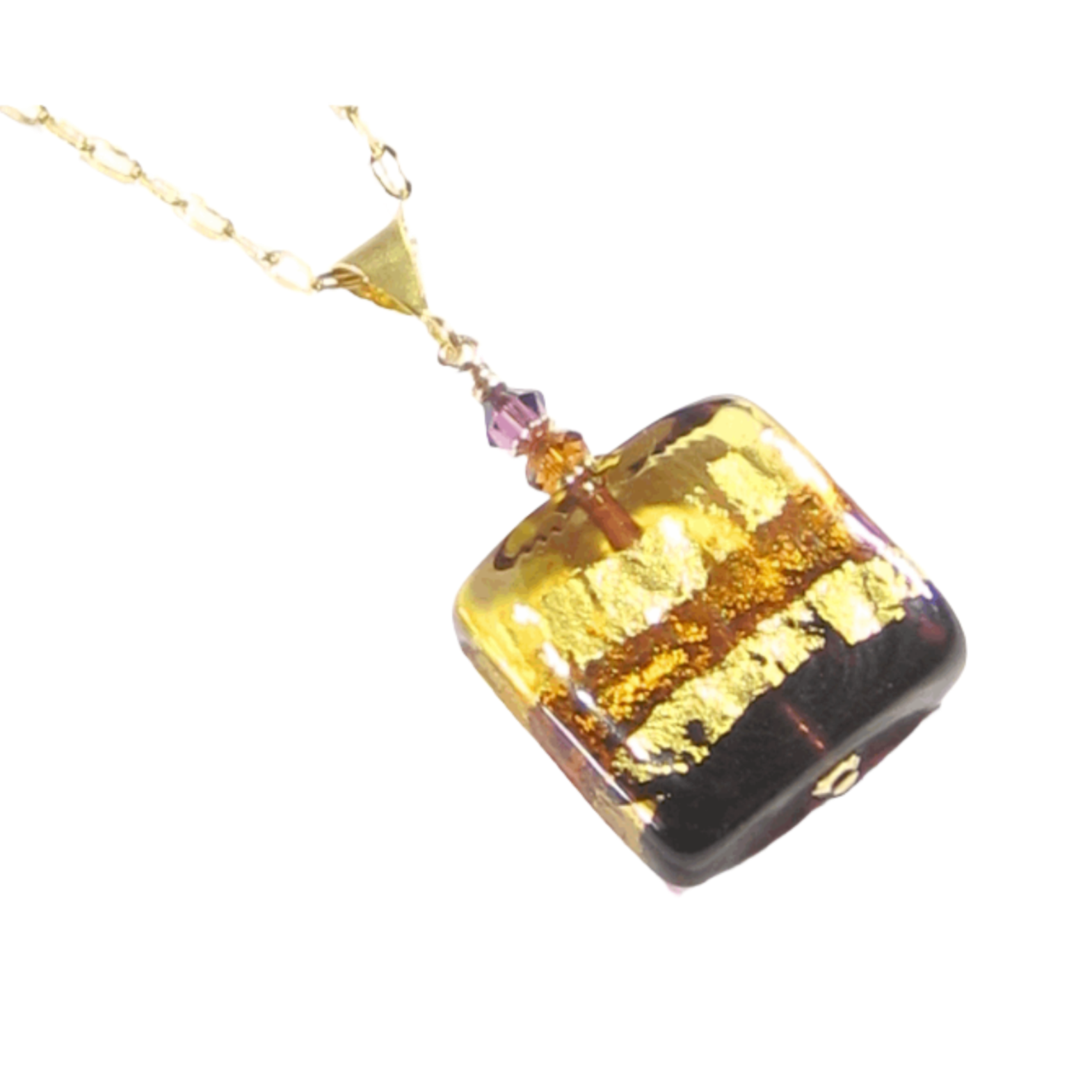 Murano Glass Amber Amethyst Square Pendant Necklace, Venetian Glass Jewelry - JKC Murano