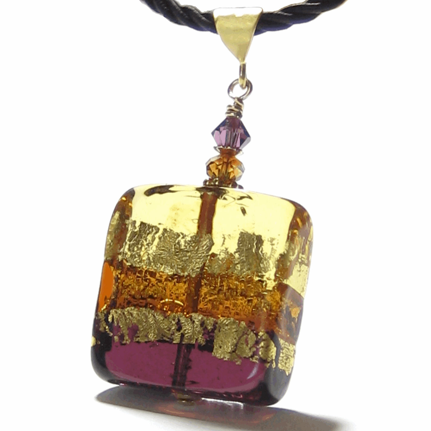 Murano Glass Amber Amethyst Square Pendant Necklace, Venetian Glass Jewelry - JKC Murano