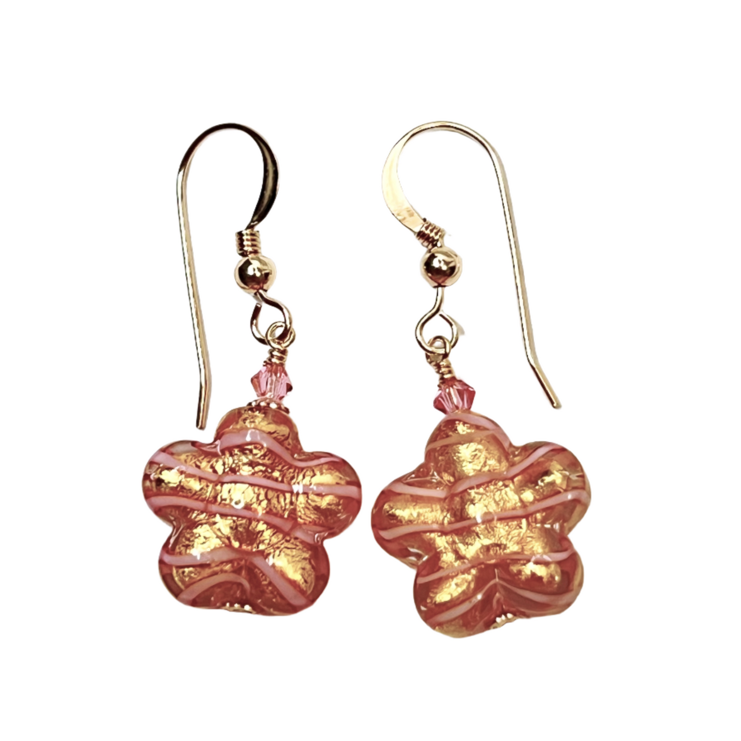 Murano Glass Pink Striped Flower Shaped Gold Earrings