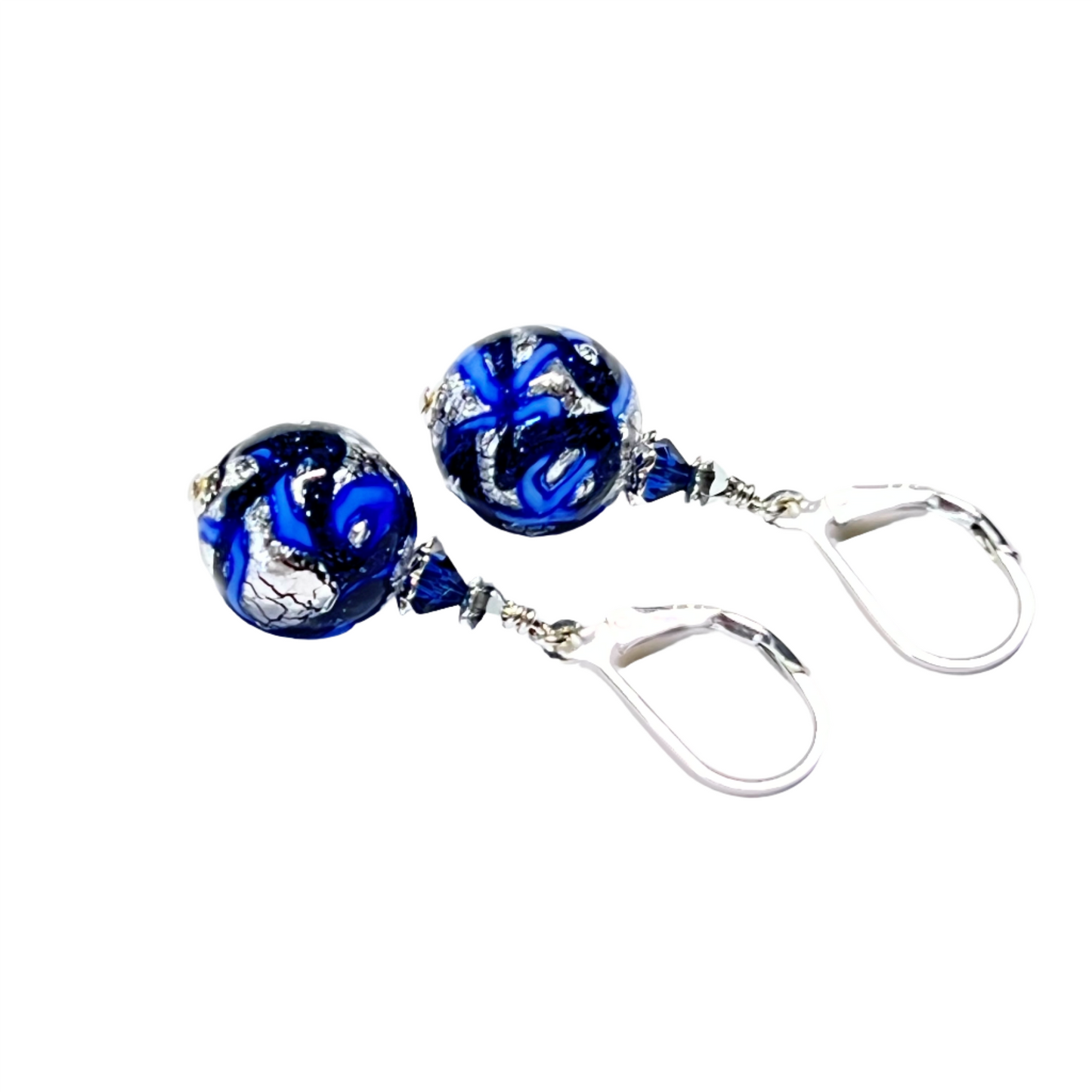 Murano Glass Cobalt Blue Galaxy Ball Silver Earrings