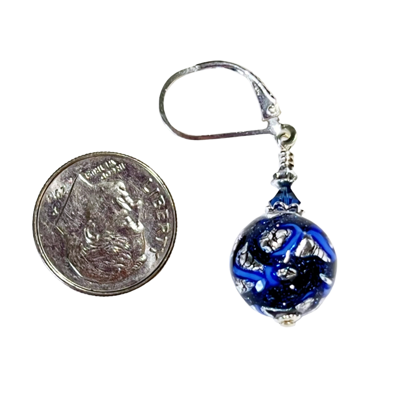 Murano Glass Cobalt Blue Galaxy Ball Silver Earrings