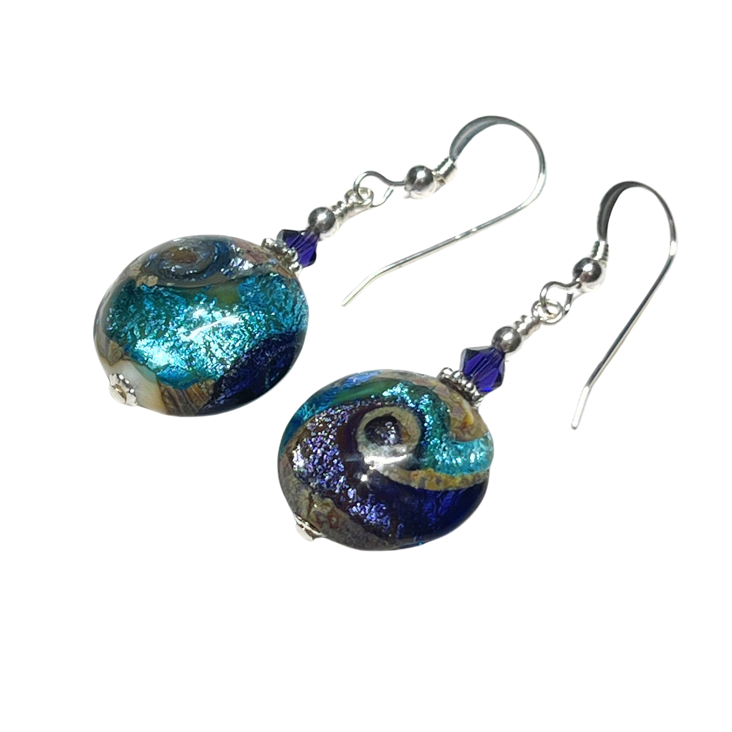 Murano Aqua Cyclone Disc Silver Earrings