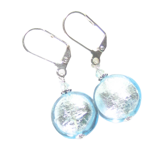 Murano Glass Aquamarine Disc Silver Earrings, Sterling Silver Leverback Earrings - JKC Murano