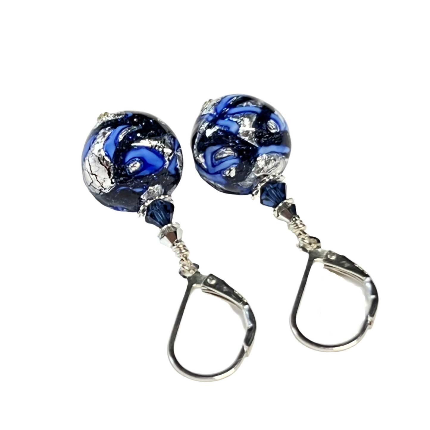 Murano Glass Cobalt Blue Galaxy Ball Silver Earrings