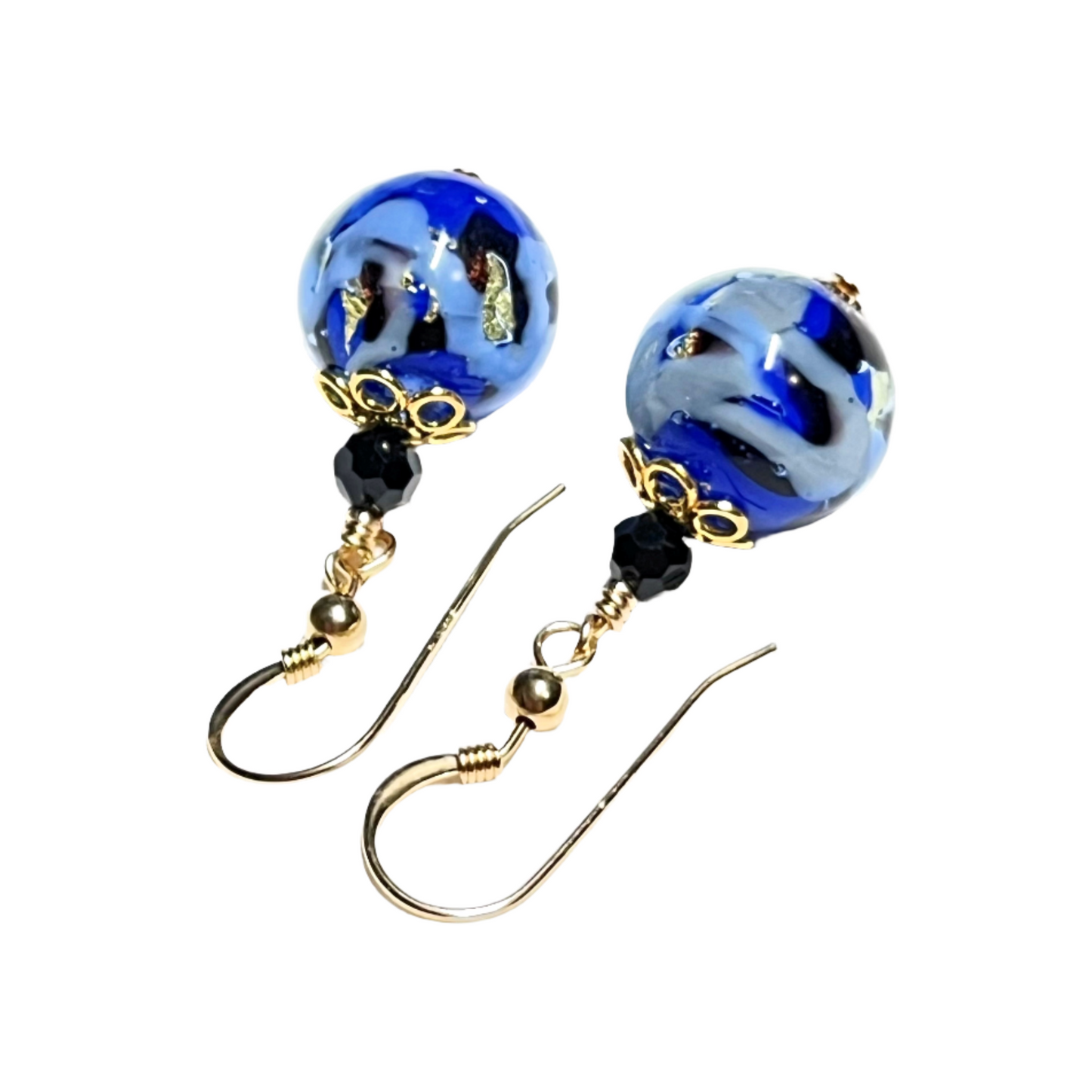 Murano Glass Blue Black Swirl Abstract Ball Gold Earrings