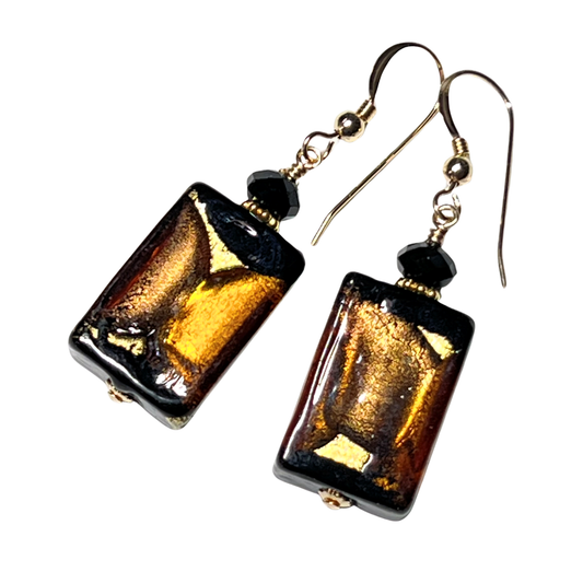 Murano Glass Black Brown Topaz Rectangle Gold Earrings