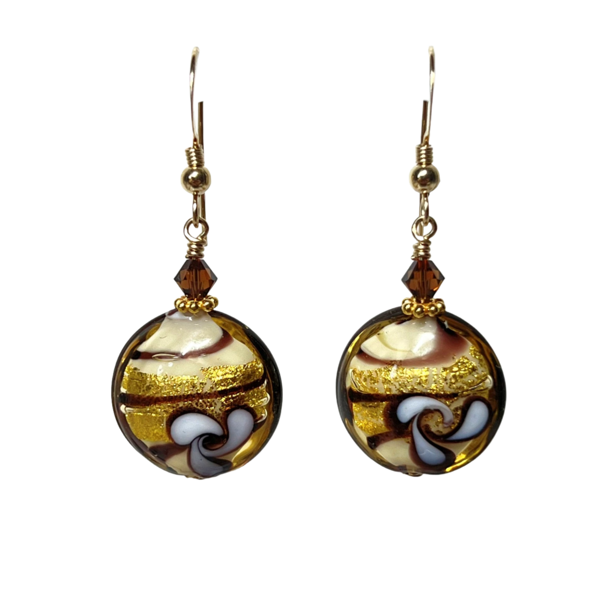 Murano glass brown flower disc gold earring by JKC Murano