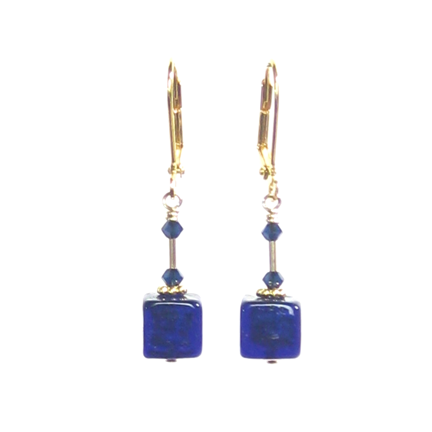 Italian Murano Glass Cobalt Blue Cube Gold Earrings