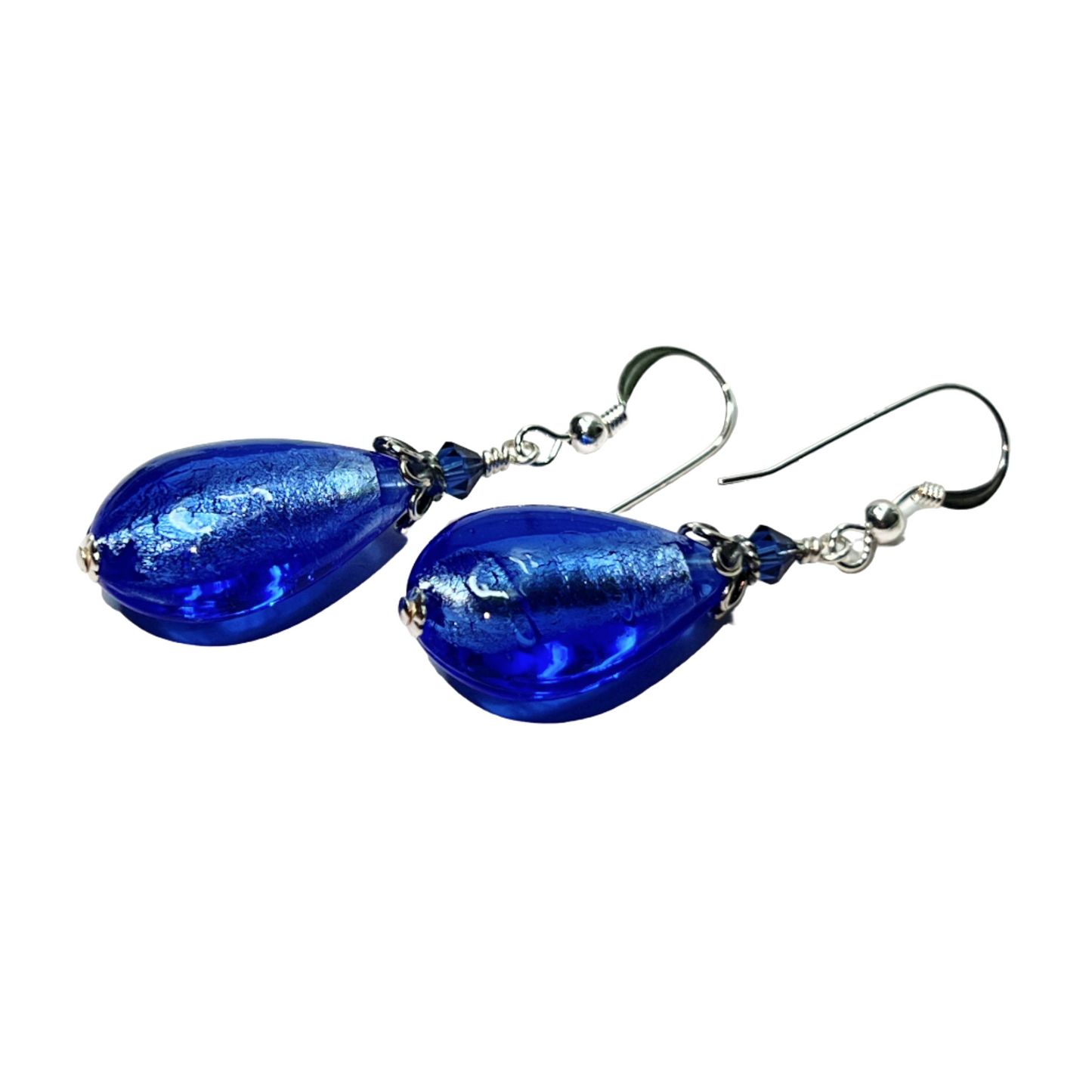 Murano glass sapphire blue teardrop silver earrings