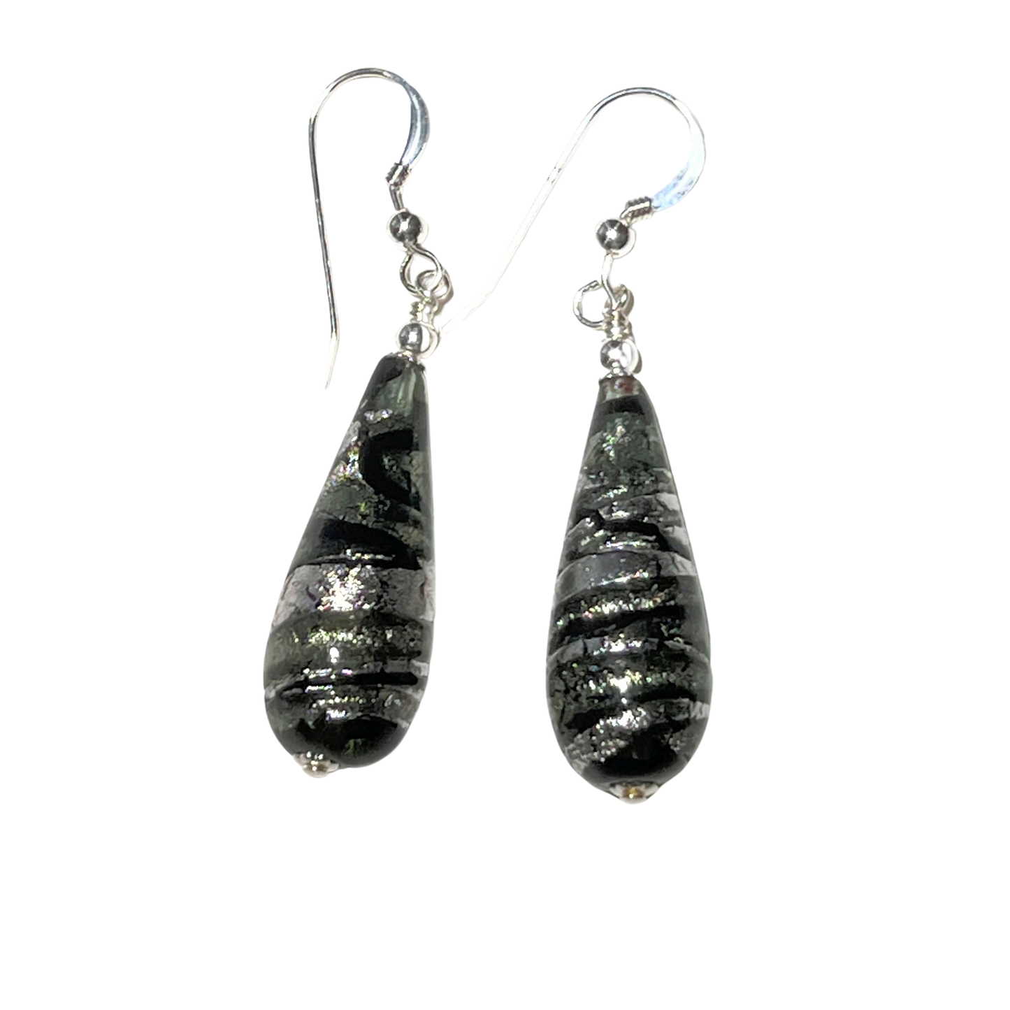 Murano Glass Gray Swirl Teardrop Long Silver Earrings