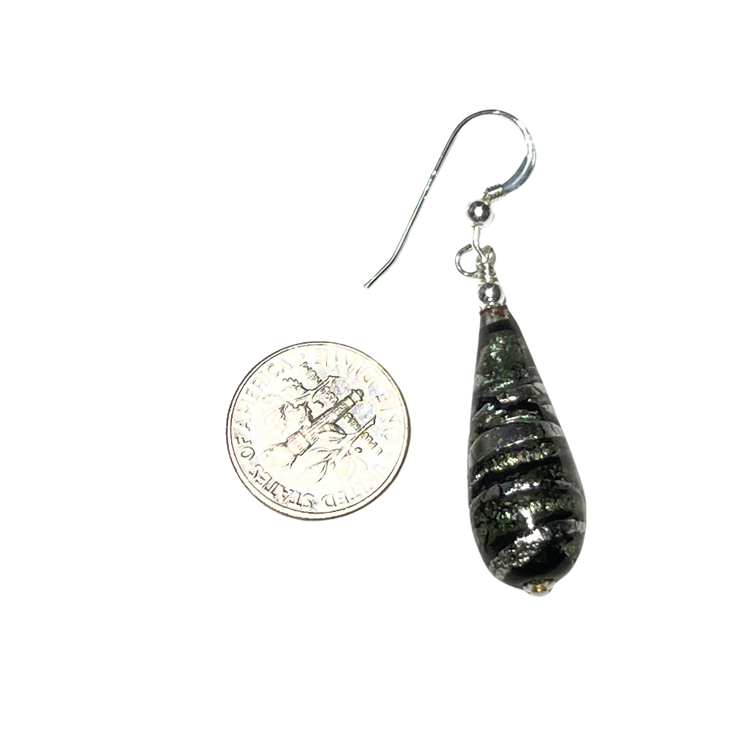 Murano Glass Gray Swirl Teardrop Long Silver Earrings