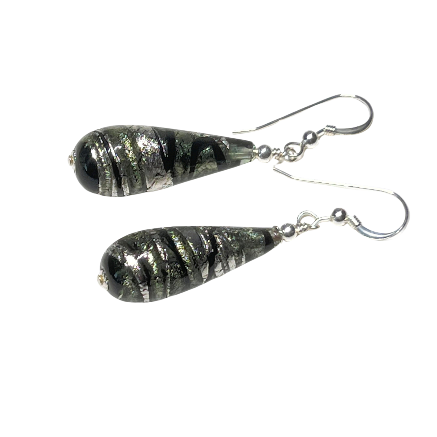 Murano Glass Gray Swirl Teardrop Long Silver Earrings