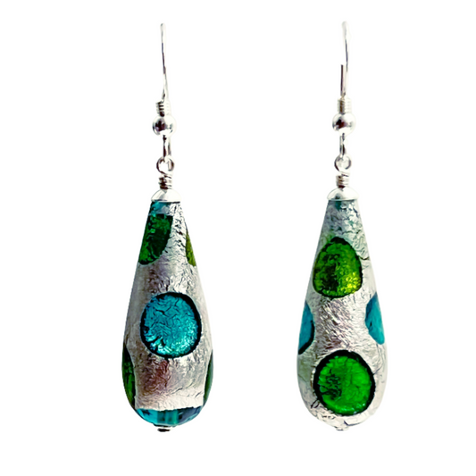 Murano Glass Green Dot Teardrop Sterling Silver Earrings - JKC Murano
