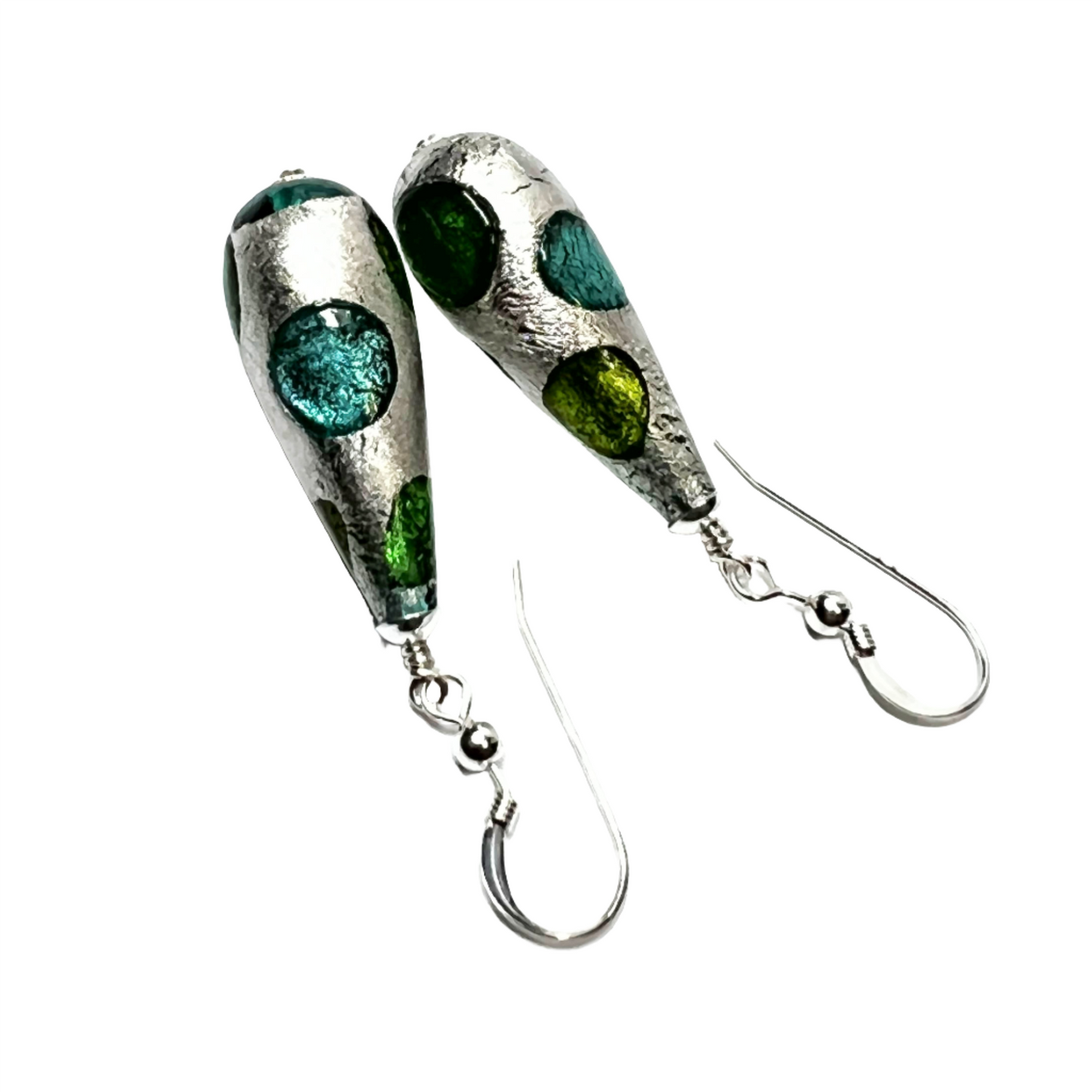 Murano Glass Green Dot Teardrop Sterling Silver Earrings