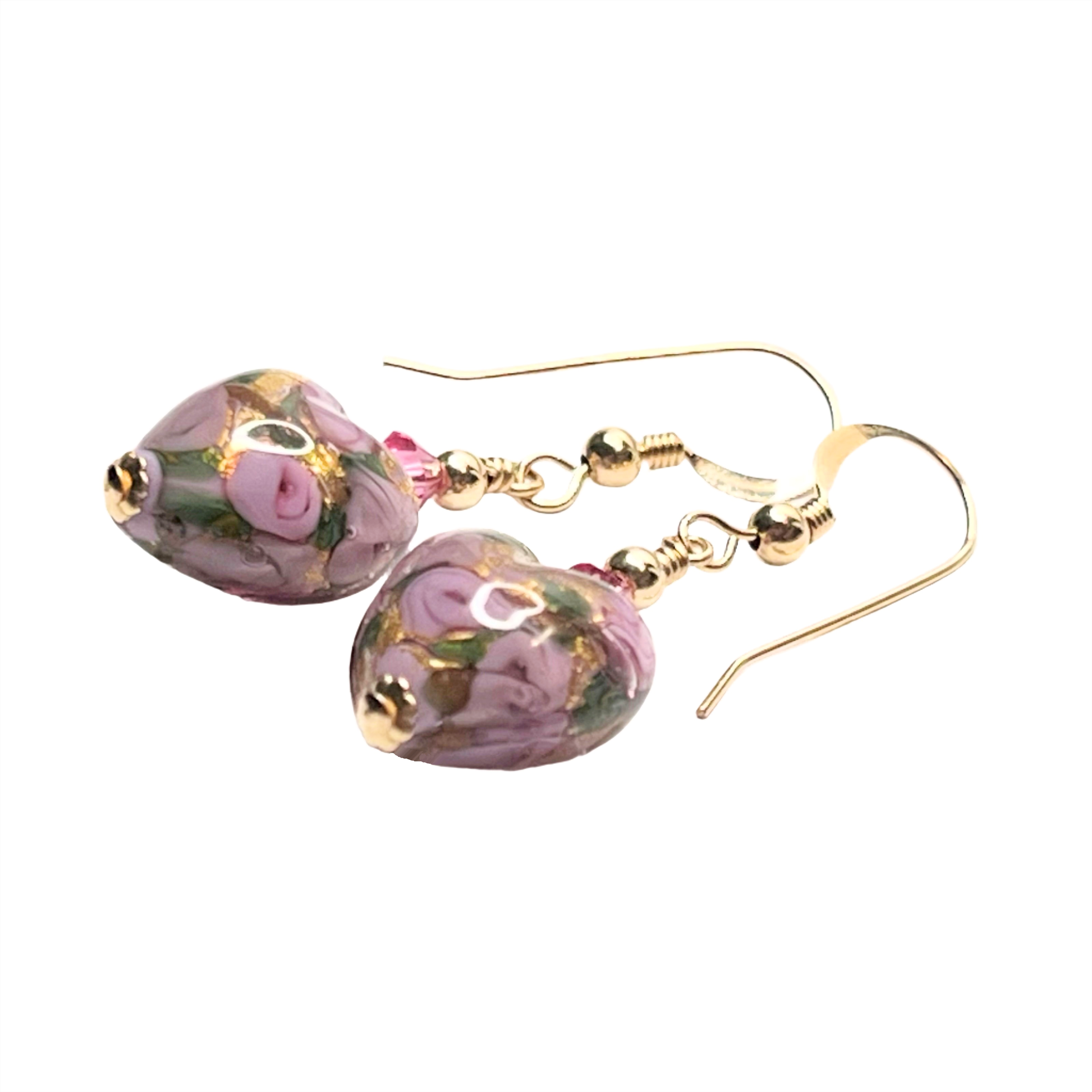 Murano pink rose heart gold earrings