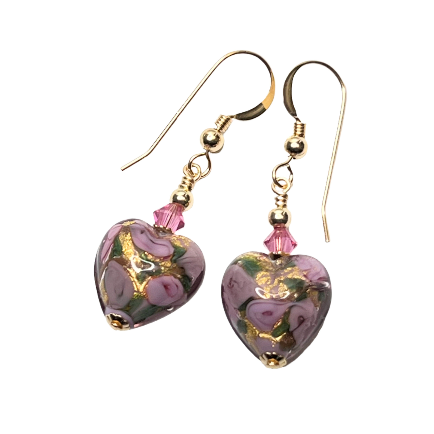 Murano pink rose heart gold earrings