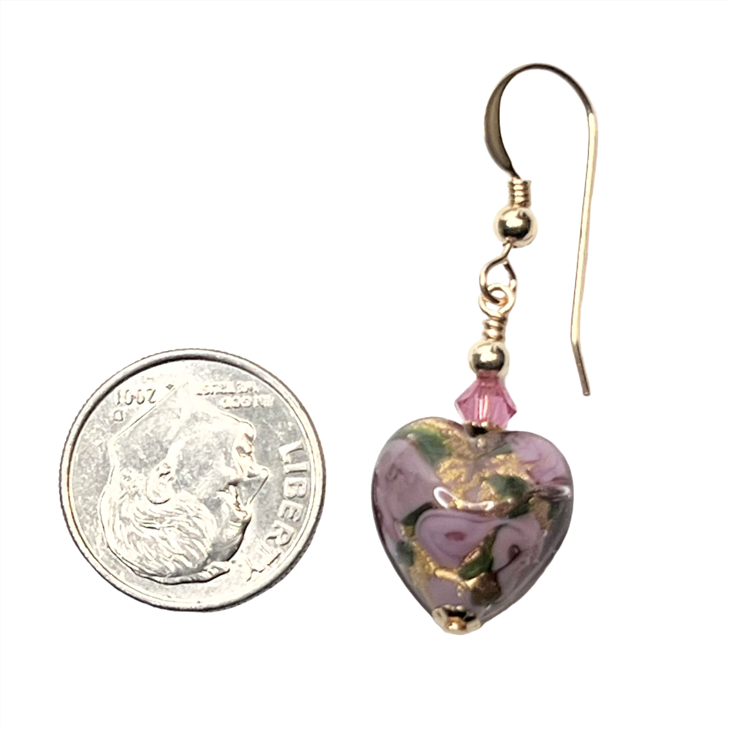 Murano pink rose heart gold earrings