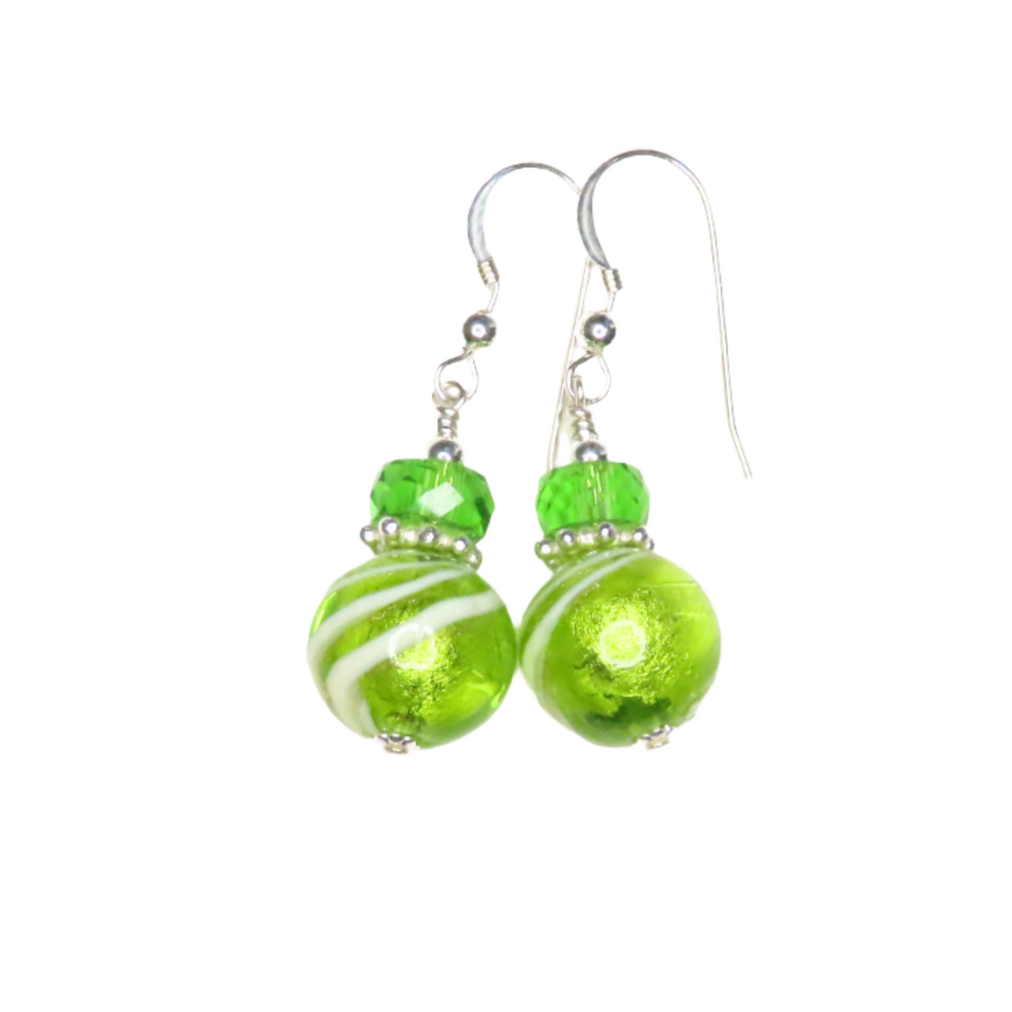 Murano Glass Lime Green Swirl Ball Silver Earrings