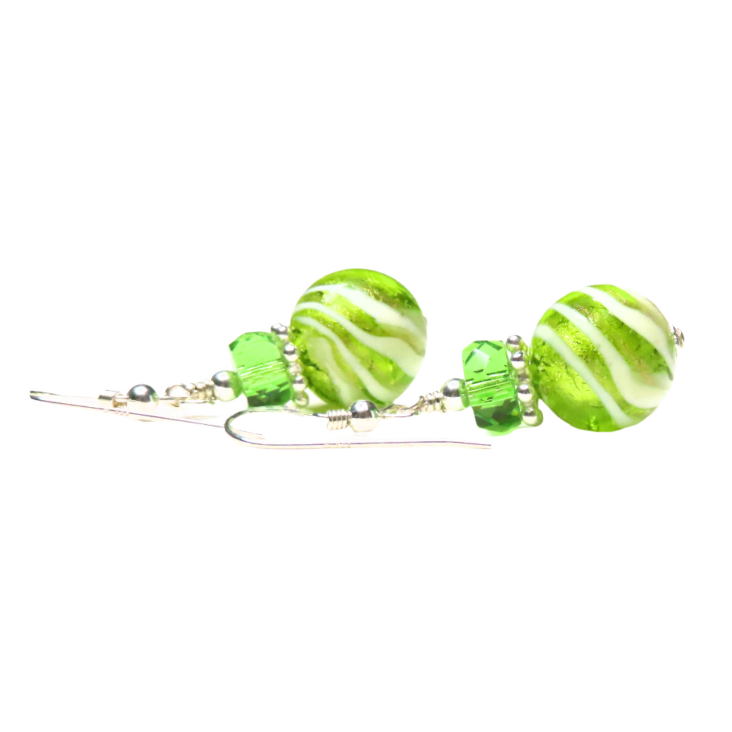 Murano Glass Lime Green Swirl Ball Silver Earrings
