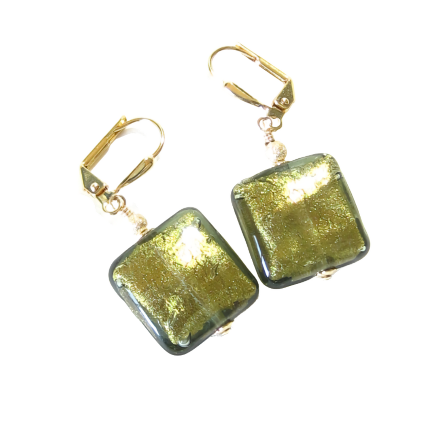 Murano Glass Olive Green Square Gold Earrings, Leverback Earrings