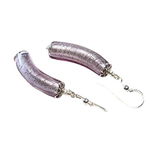 Murano Glass Pale Purple Curved Tube Silver Earrings by JKC Murano