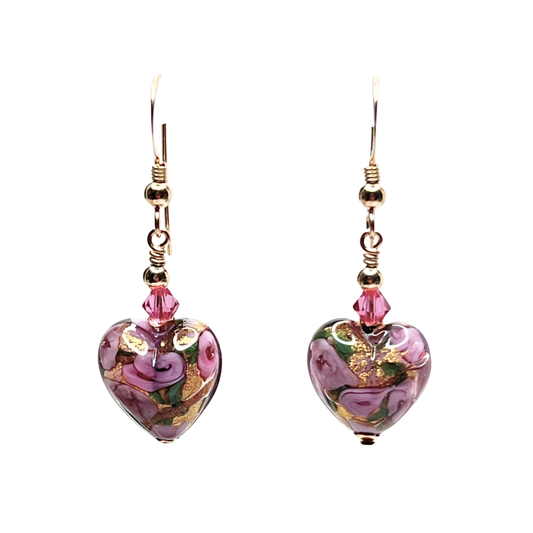 Murano Glass Lilac Pink Rose Heart Gold Earrings by JKC Murano