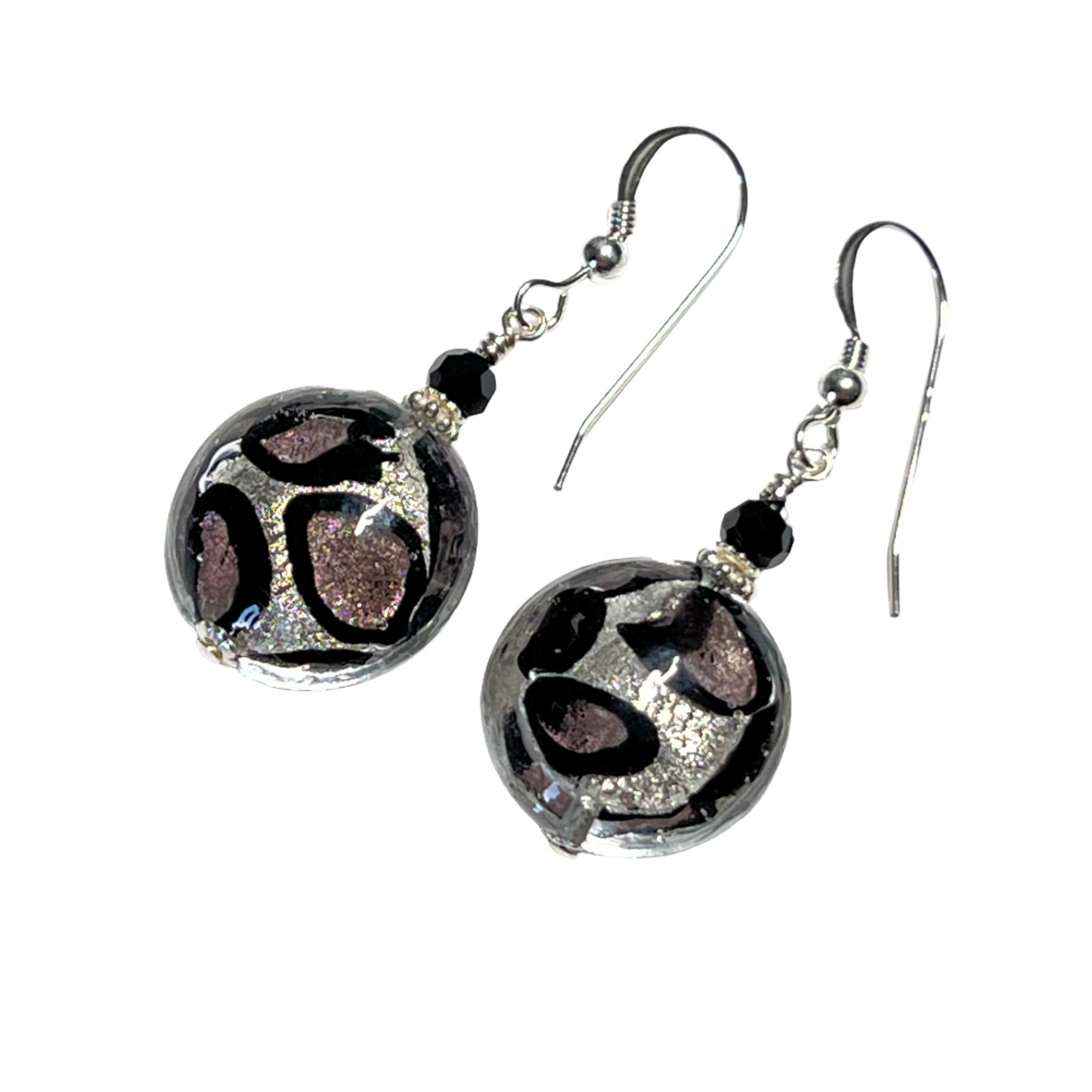 Murano Glass Purple Leopard Dot Disc Silver Earrings