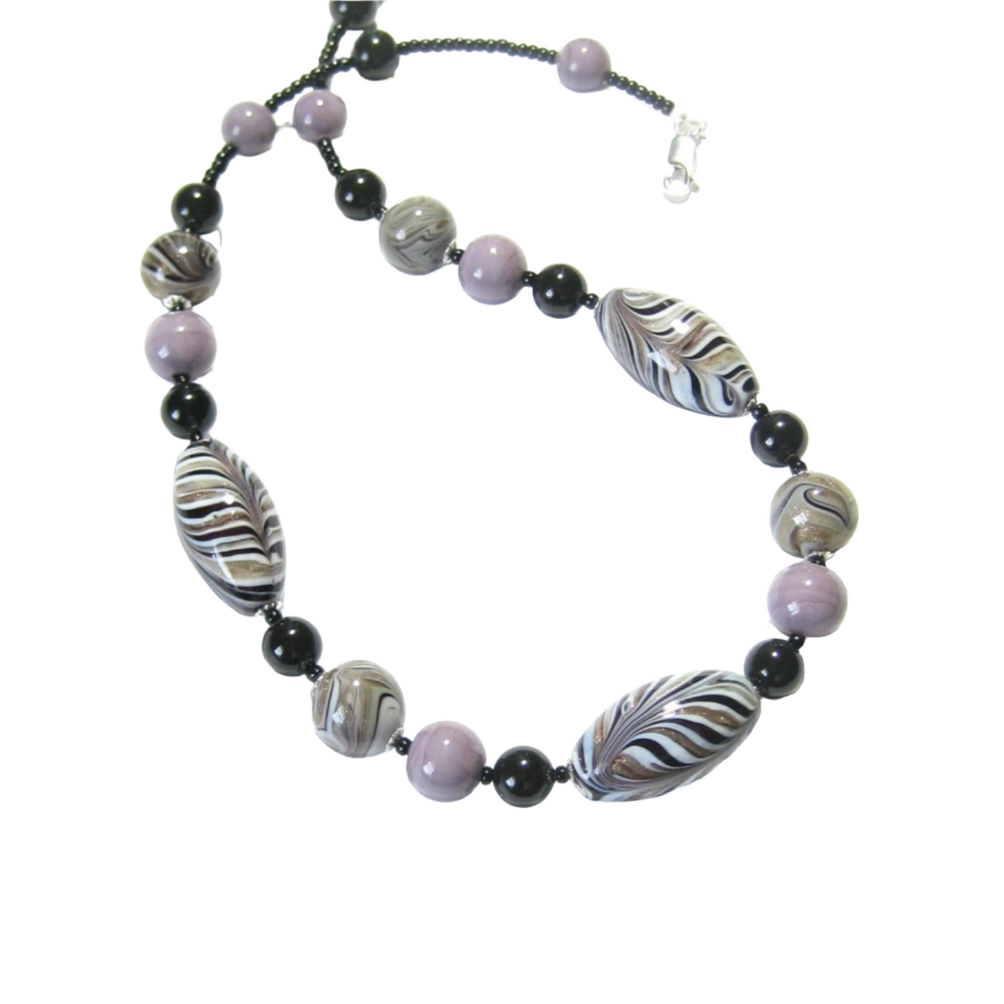 Murano Glass Zebra Black lavender Beaded Silver Necklace