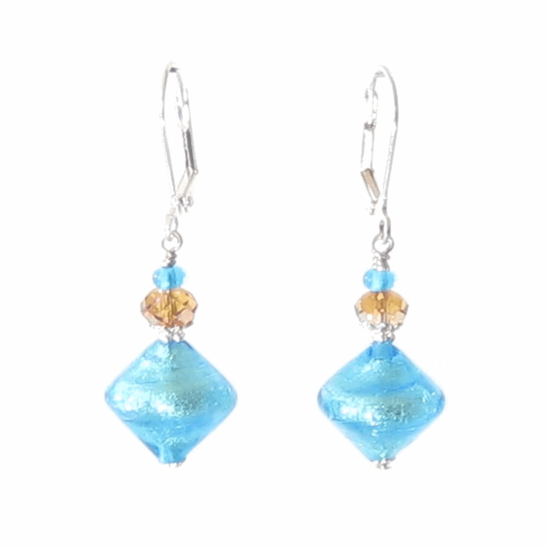 Murano Glass Aqua Topaz Bi-cone Silver Earrings - JKC Murano