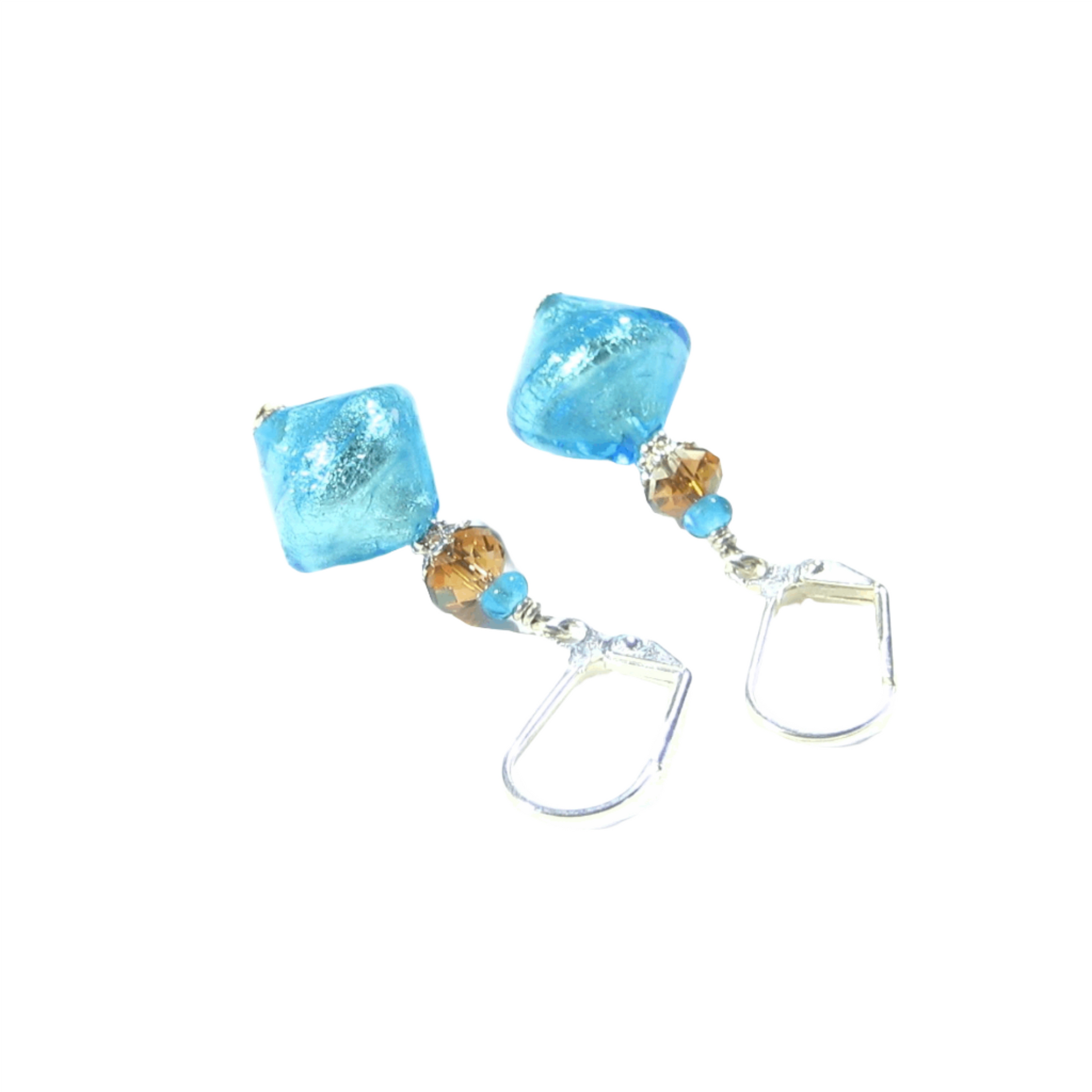 Murano Glass Aqua Topaz Bi-cone Silver Earrings - JKC Murano