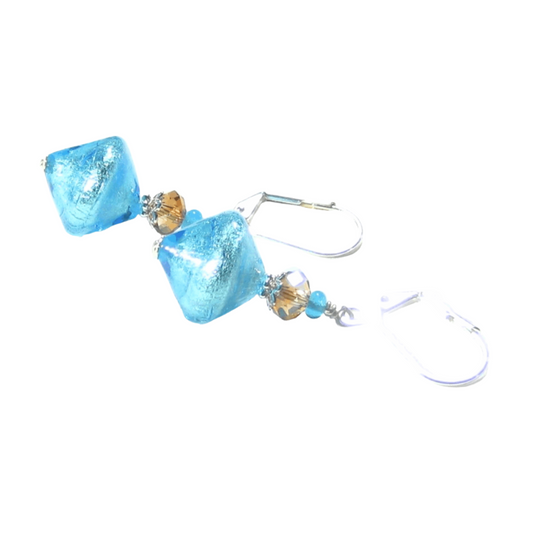 Murano Glass Aqua Topaz Bi-cone Silver Earrings - JKC Murano