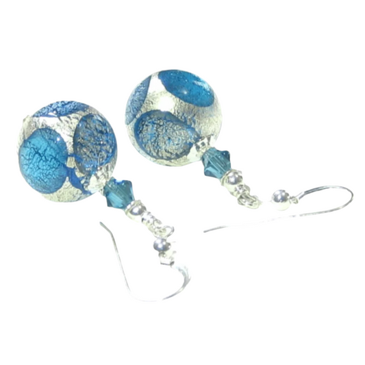 Murano Glass Aqua Blue Dot Ball Silver Earrings - JKC Murano