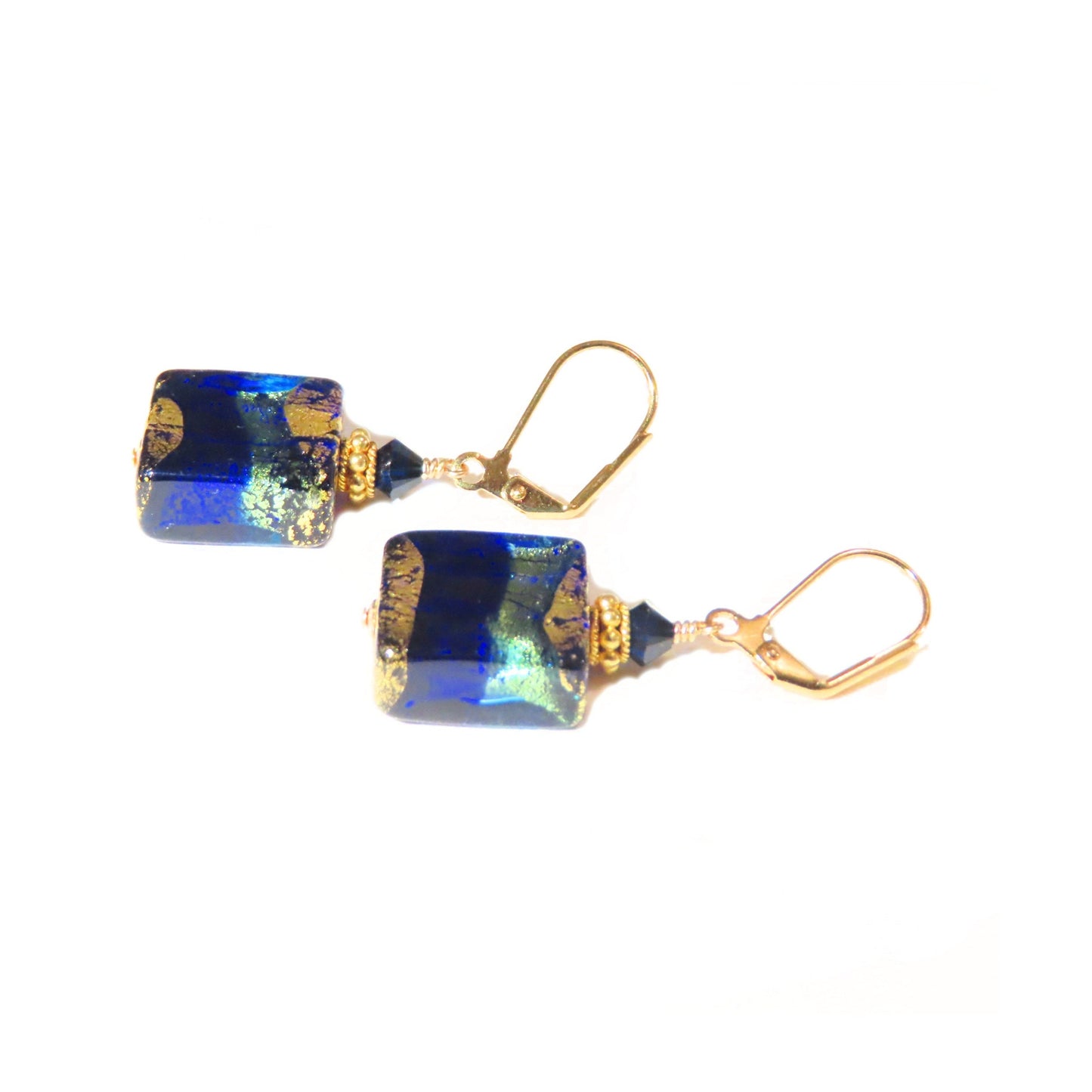 Murano Glass Cobalt Blue Aqua Chunky Square Gold Earrings - JKC Murano