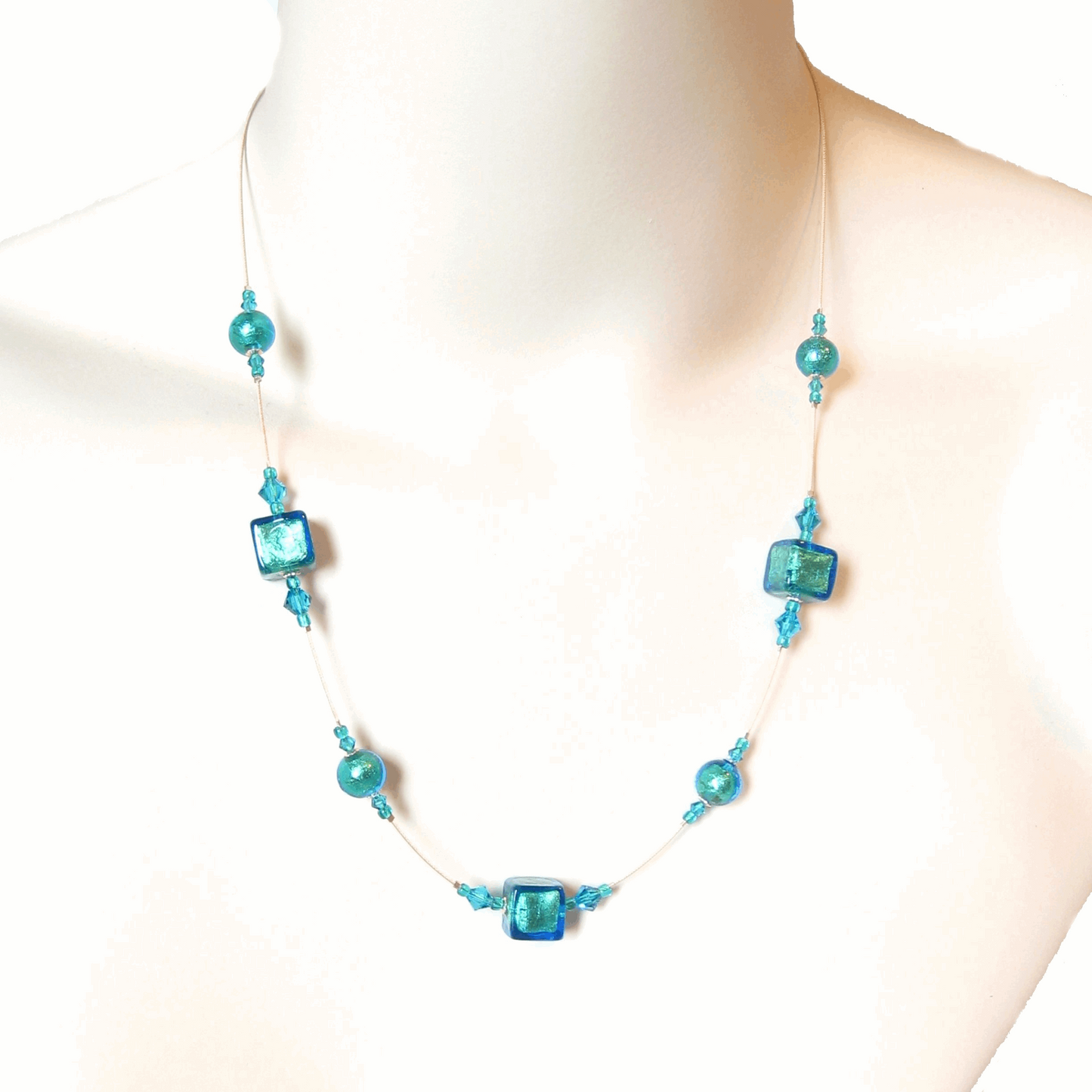 Murano Glass Aqua Cube Gold Necklace, Illusion Necklace - JKC Murano