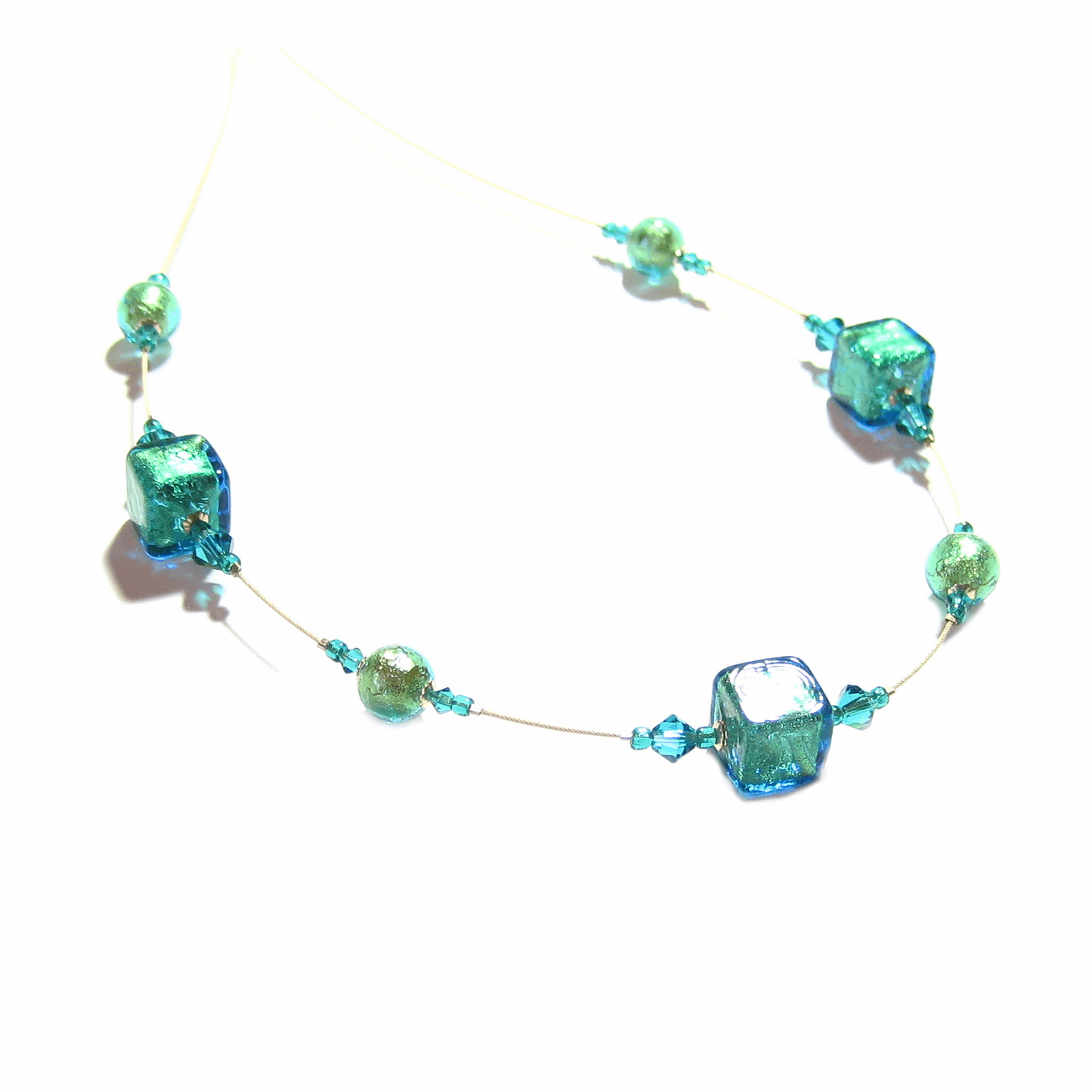 Murano Glass Aqua Cube Gold Necklace, Illusion Necklace - JKC Murano