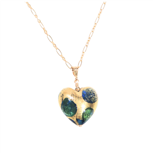 Murano Glass Green Dot Gold Heart Pendant
