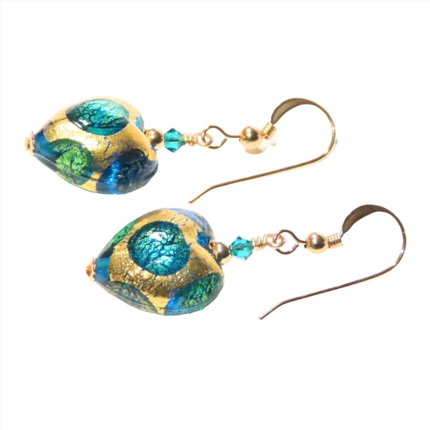Murano Glass Aqua Green Dot Heart Gold Earrings